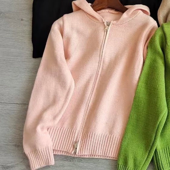 Solid Color Zip Up Hooded Knitted Cardigan - fairypeony