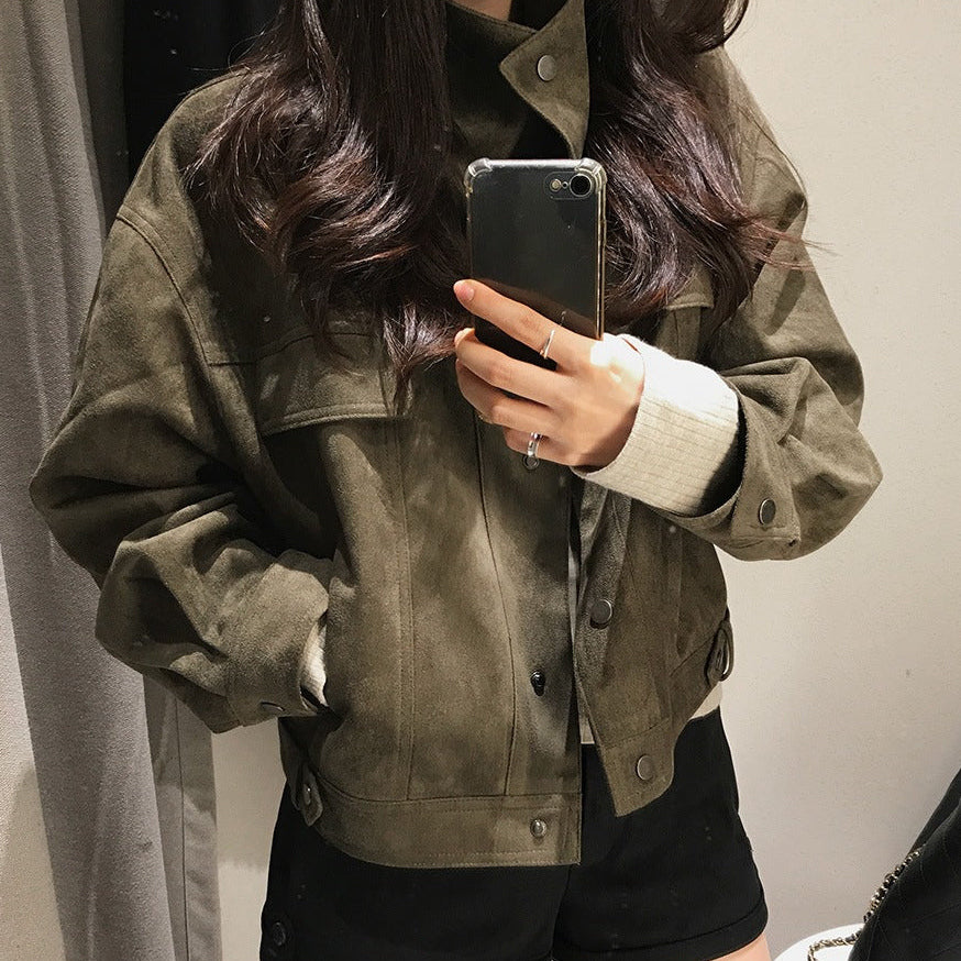 Stand collar loose suede-touch short jacket in military green, front view