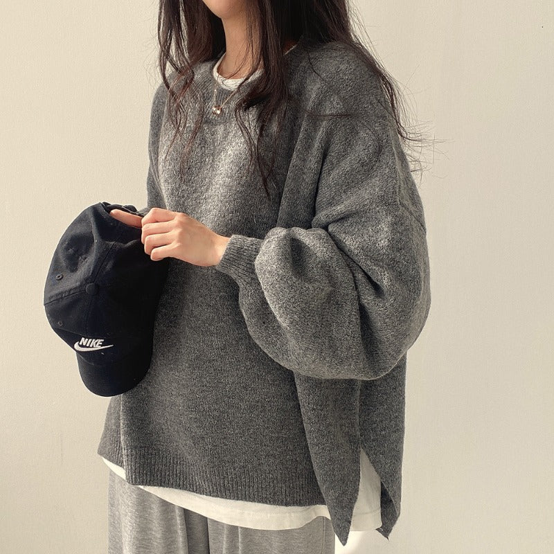 Oversized Split Hem Pullover Sweater - fairypeony