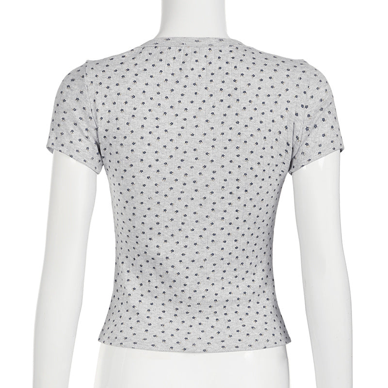 V-Neck Floral Striped Short Sleeve Tee - fairypeony