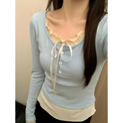 Ruffled Collar Bow Knot Long Sleeve Tee