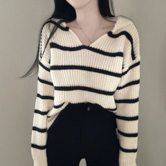 Vintage Striped V-Neck Oversized Sweater