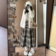 High-Waist A-Line Brushed Plaid Mid-Length Cake Skirt