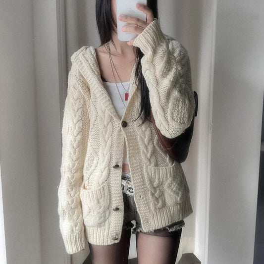 Women's Loose Twist-Knit Hooded Cardigan Long Sleeve Solid Color Jacket