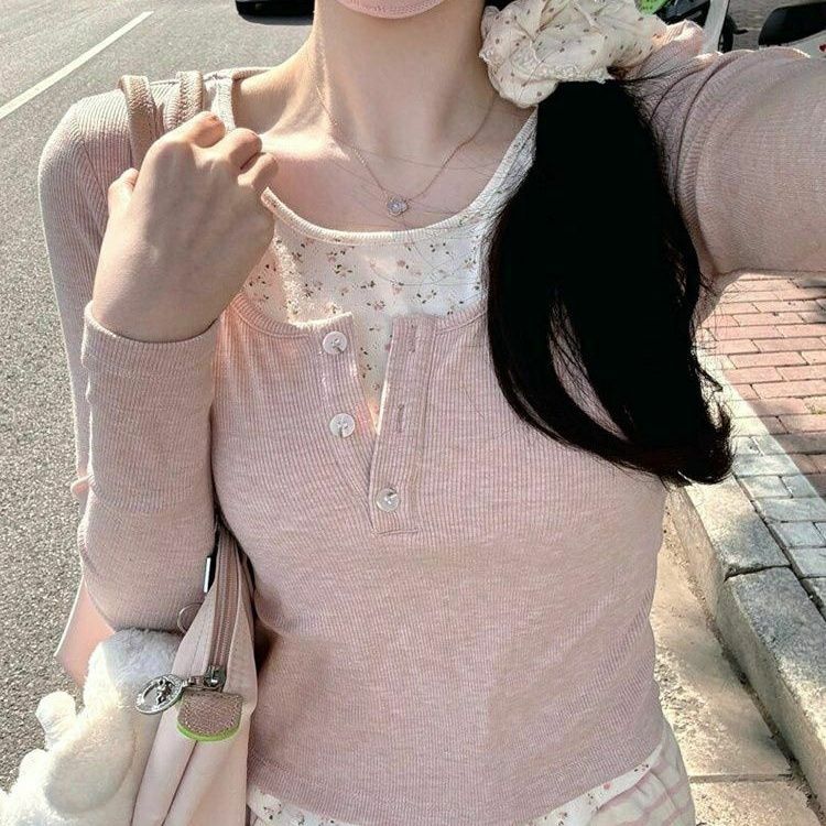Floral patchwork faux two-piece long-sleeved T-shirt - fairypeony