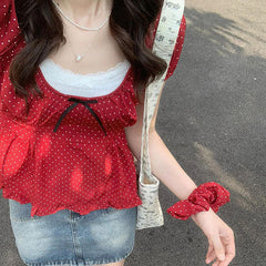 Polka Dot Bow Patchwork Short Sleeve Tee