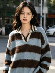 Color-Blocked Striped Off-Shoulder Polo Neck Knitted Pullover Sweater