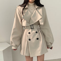 Solid Color Double-breasted Long Sleeve Trench Coat