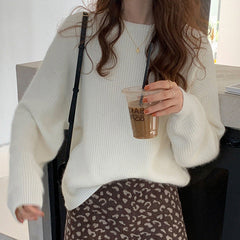 Korean Style Crewneck Knitted Sweater – Thick Loose Pullover in 3 Colours - fairypeony