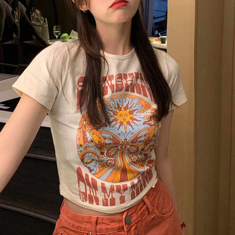 Indie Print Short Sleeve Crop Top - fairypeony