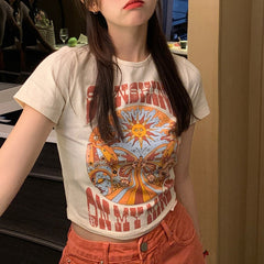 Indie Print Short Sleeve Crop Top - fairypeony