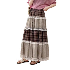 Plaid Lace Patchwork Midi A-Line Skirt – Mori Girl Elastic Waist Dress