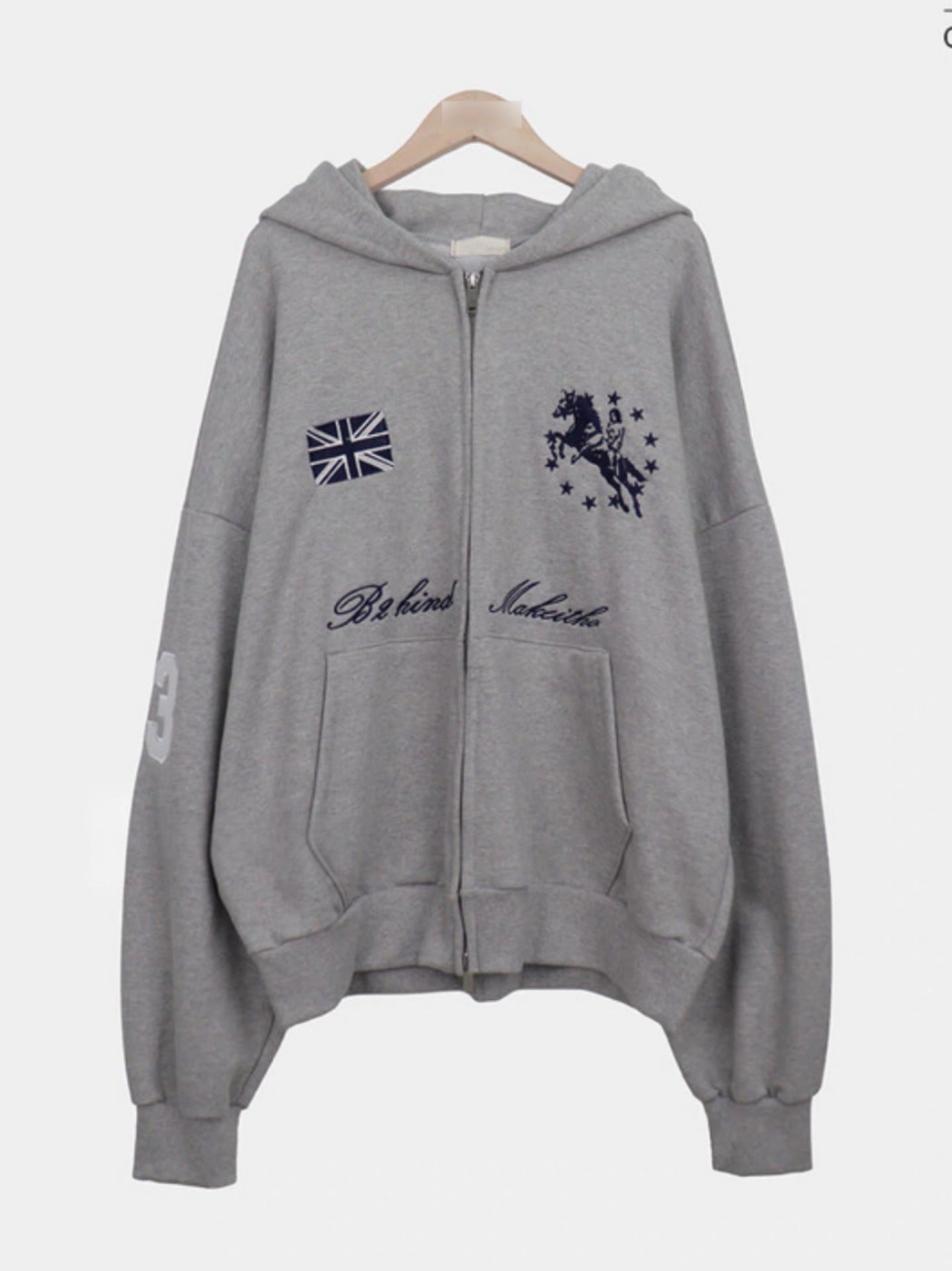 Embroidered oversized zip-up hoodie in gray, product shot