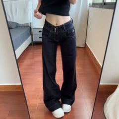 Women's Vintage Double Buckle Low Waist Flared Denim Jeans