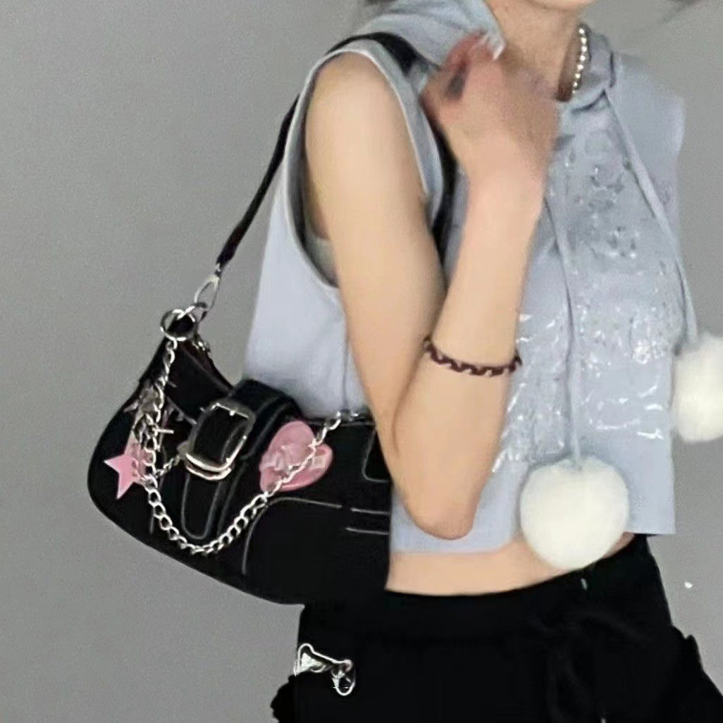 Butterfly Chain Detail Star Buckled Denim Shoulder Bag - fairypeony
