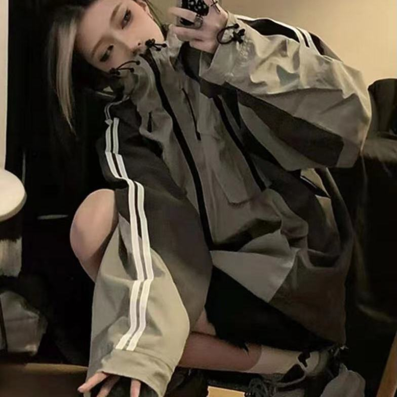 Color Block Zip Up Hooded Jacket - fairypeony