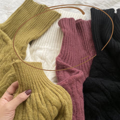Solid High Neck Cable Knit Sweater - fairypeony