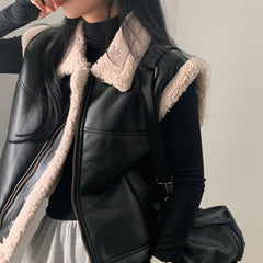 Vintage Pu Leather Zip Up Sleeveless Jacket