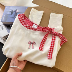 Aesthetic Bow Fake Two-piece Long Sleeve Tee - fairypeony
