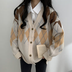Argyle Print Preppy Oversized Knitted Cardigan