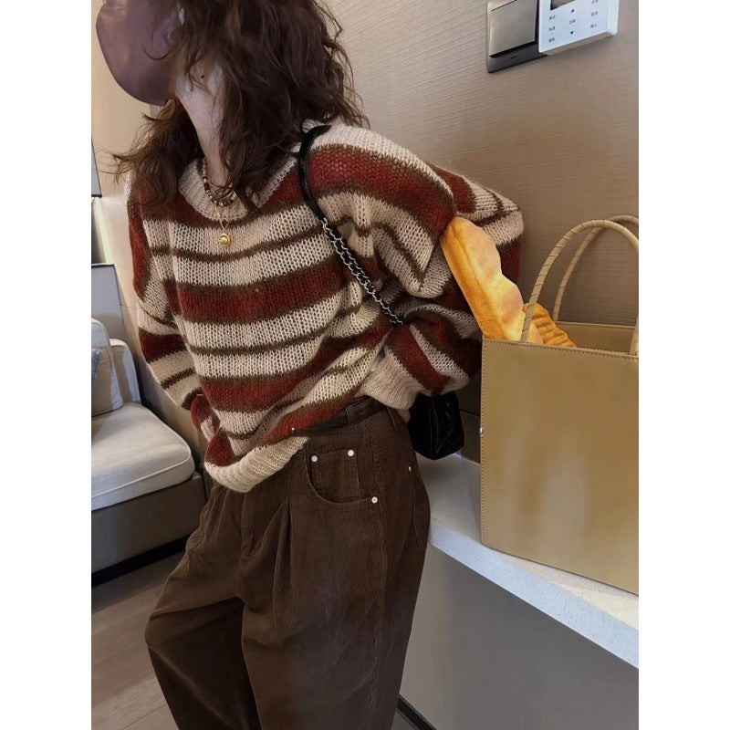 Contrast Color Striped Thin Sweater - fairypeony