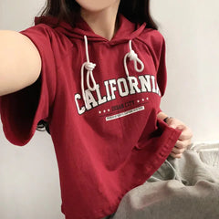 Embroidered Letter Short Sleeve Hooded Tee