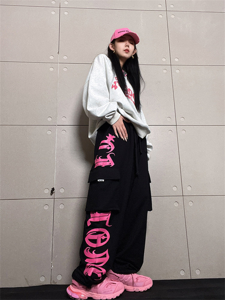 Gothic Letter Pocket Patch Wide Leg Sweatpants - fairypeony
