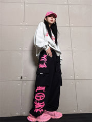 Gothic Letter Pocket Patch Wide Leg Sweatpants - fairypeony
