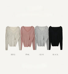 V-neck Split Waist Long Sleeve Knitted Tee