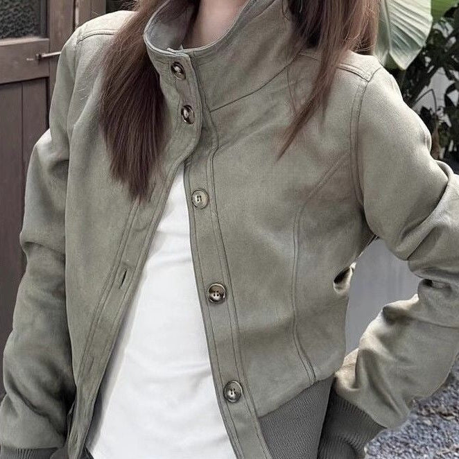 Retro high-street cropped coat in dark green-grey, collar up