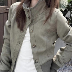 Retro high-street cropped coat in dark green-grey, collar up