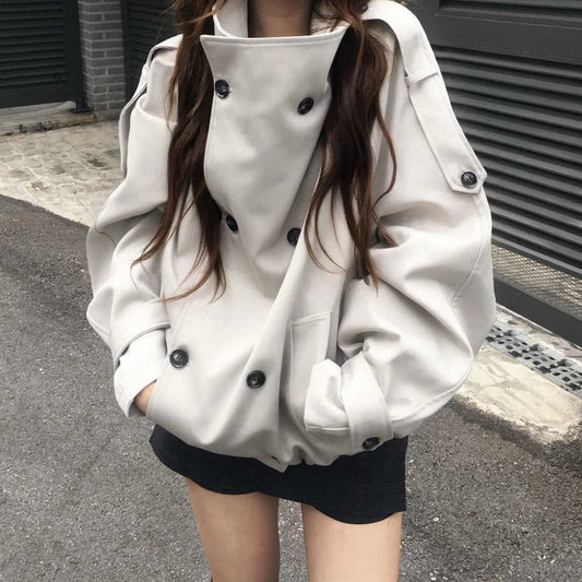 Oversized stand collar double-breasted jacket in cream (color 1), front view