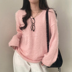 Solid Color V-Neck Fuzzy Sweater