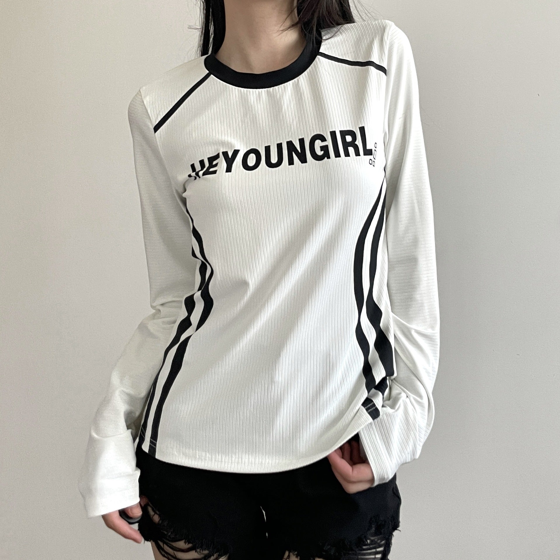 Letter Print Patchwork Long Sleeve Tee - fairypeony