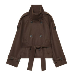 Double-Breasted Solid Color Long Sleeve Coat – Stand Collar Smart Casual Outerwear