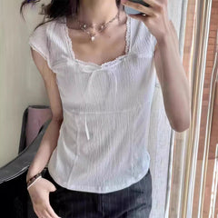 Lace Trim Square Neck Bow Tee
