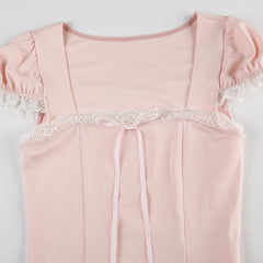 Lace Trim Bow Square Neck Tee