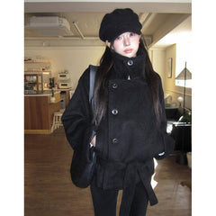 Korean Style Padded Woolen Jacket with Belt