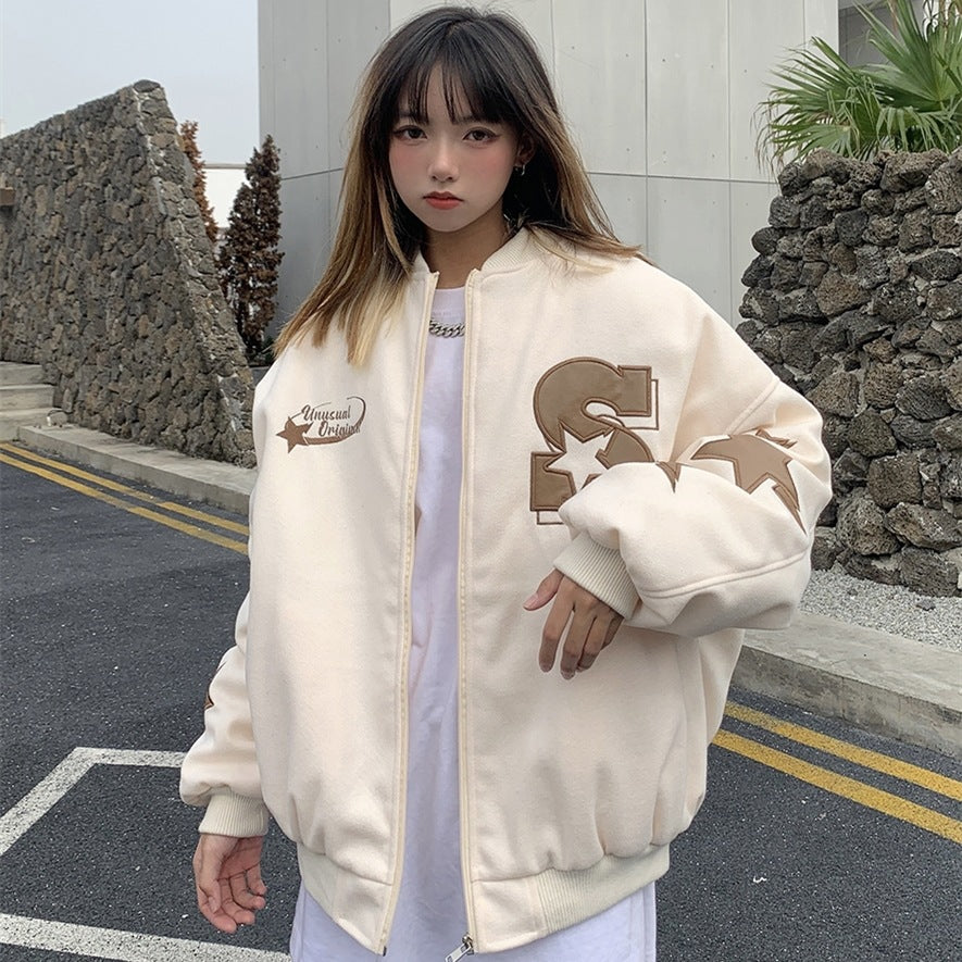 Street Embroidery Print Loose Baseball Jacket - fairypeony