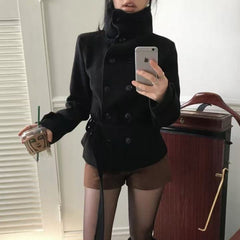 Slim Belt Double-Breasted Woolen Jacket – Belted Winter Coat