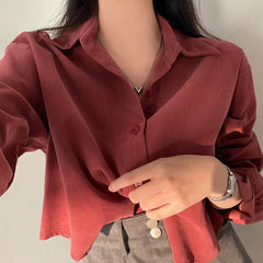 Dark Academia Solid Color Crop Long Sleeve Blouse