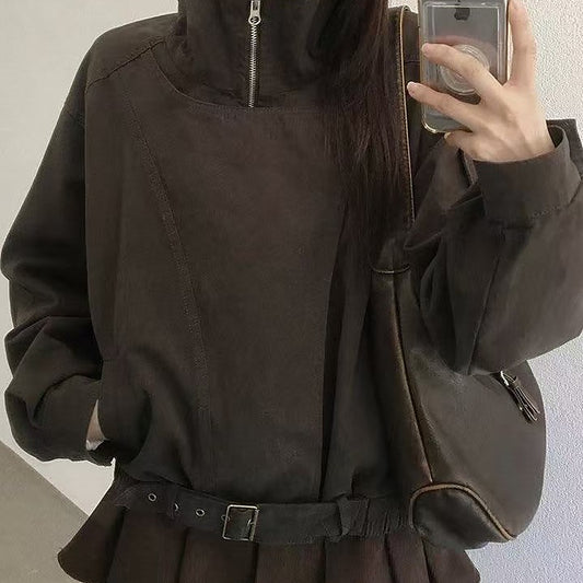 Stand collar relaxed fit woven jacket with buckle belt in brown