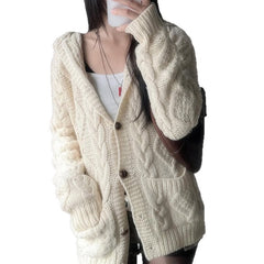 Women's Loose Twist-Knit Hooded Cardigan Long Sleeve Solid Color Jacket