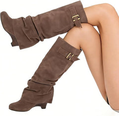 Retro Pleated Suede High-Top Riding Boots – Plush Lined Chunky Heel Ankle Boots