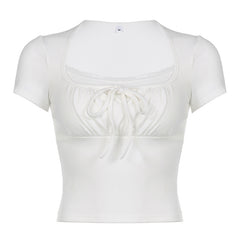 Tie Front Patchwork White Crop Top - fairypeony