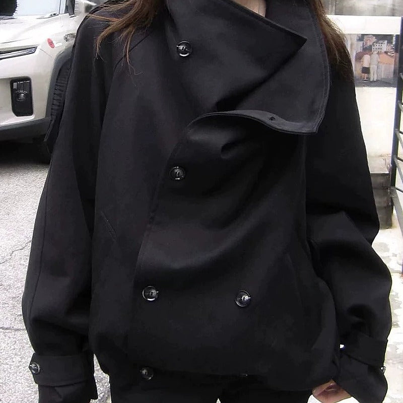 Stand collar double-button short coat in black, front view