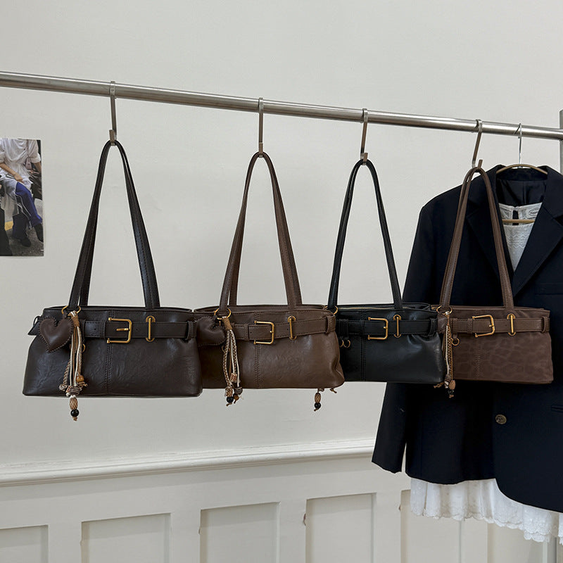 Vintage Belted Pu Leather Shoulder Bag - fairypeony