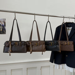 Vintage Belted Pu Leather Shoulder Bag - fairypeony