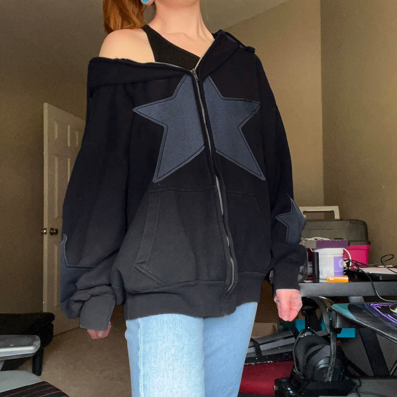 Multiple Star Patch kangaroo Pocket Oversized Hoodie - fairypeony