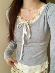 Aesthetic Lace Trim Tie Long Sleeve Slim Tee